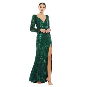 Mac Duggal 5379 Forest Green Sequin Beaded Long Sleeve Gown Size 10